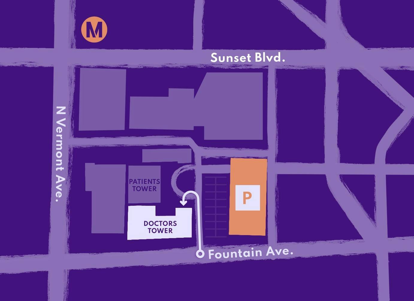 Map of the office location. To find our office, enter the hospital campus from Fountain Ave. Parking lot will be to your right.  Main entrance to Doctors’ Tower is on your left.